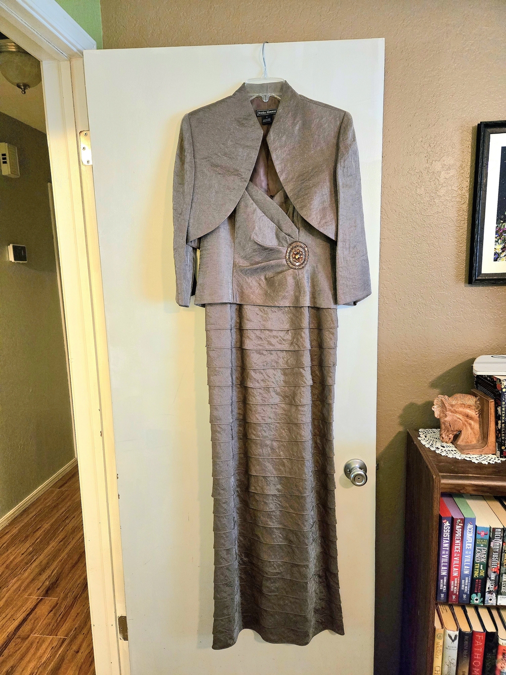 Jessica Howard Metallic Taupe Two-Piece Maxi Dress with Jacket